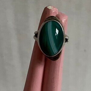 Vintage Signed Sterling Silver Mueller Malachite Oval Ring Sz 6-6.5